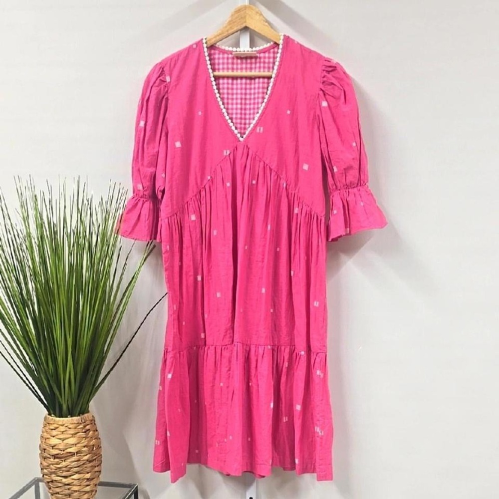 Bombay Paisley Womens‎ Hot Pink Cotton Tiered Babydoll Dress XS Gingham Trim